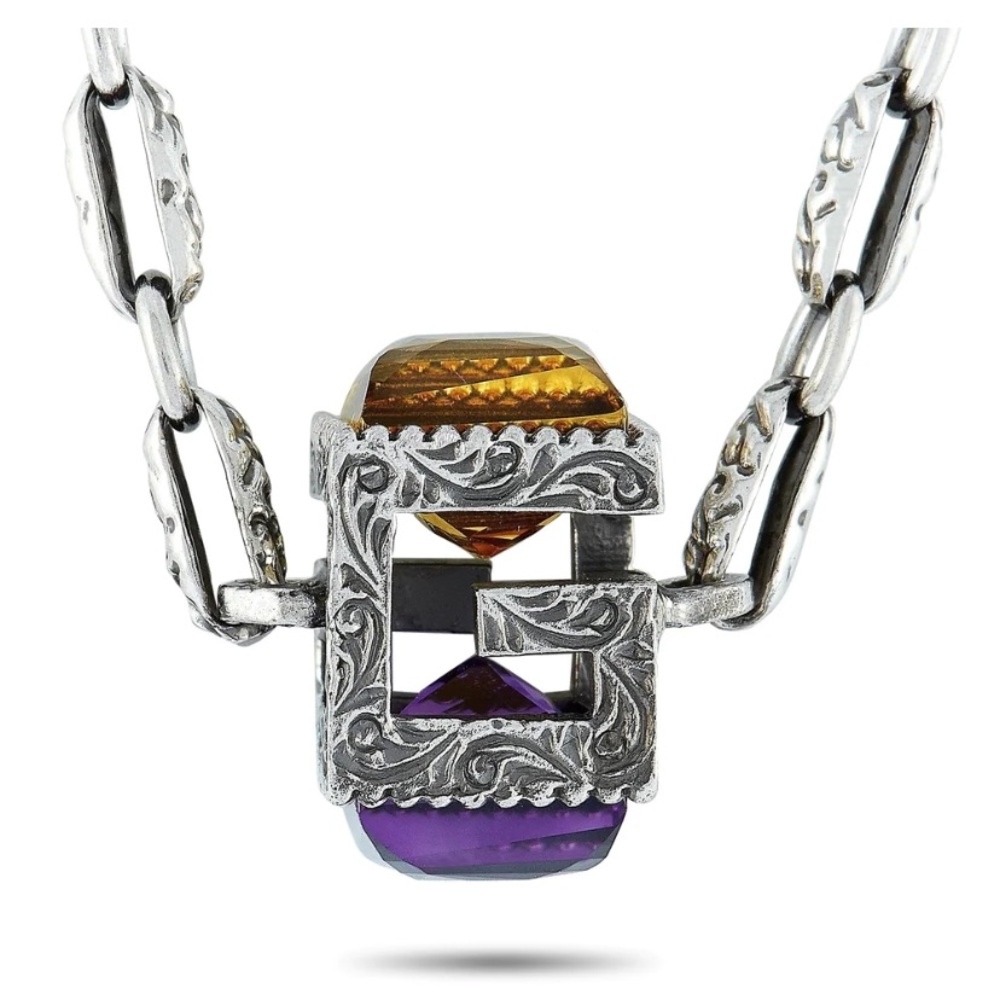 Auth Gucci Cube Sterling Silver & Stones Necklace